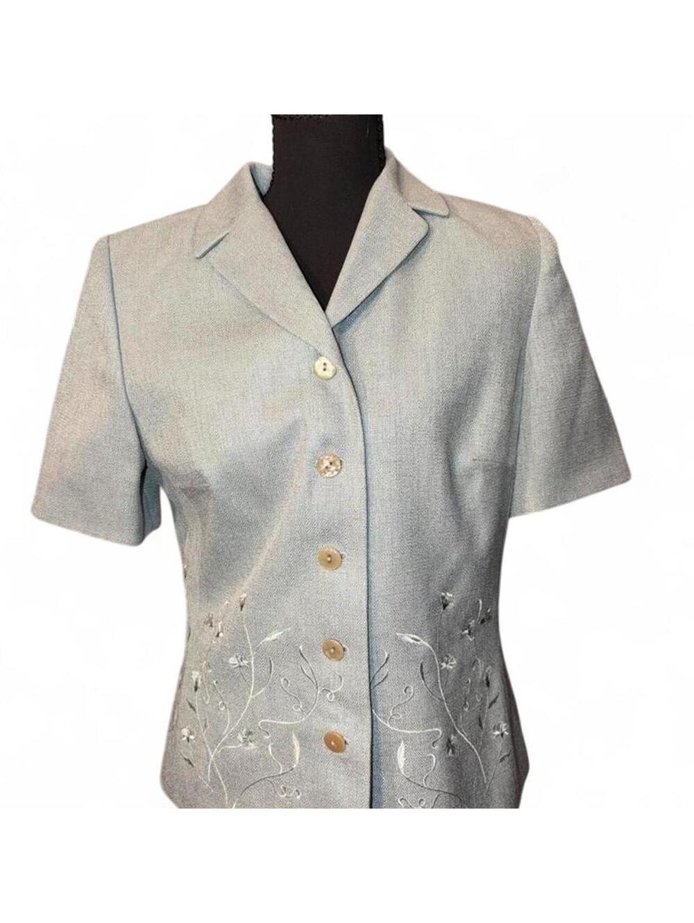 Vintage 90s Travis Ayers Sage Green Embroidered Short Sleeve Blazer Top - Size 6